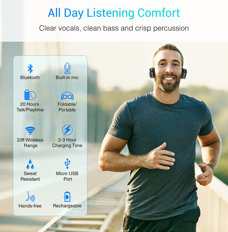 Kinivo BTH240 Bluetooth Headphones On-Ear, Wireless Music, Calling, Mic | Sports Running Headphones (Hands-Free Calling, Built-in Mic, Foldable, Travel Bag) Bluetooth Headset for running gym workout