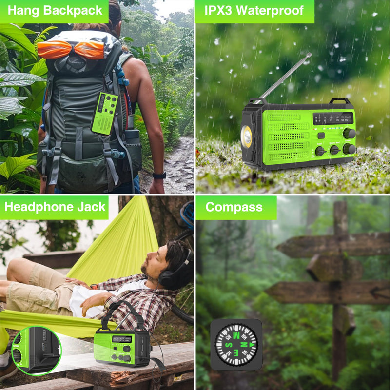Emergency Radio 22200mWh Solar Hand Crank Emergency Radio: AM/FM/NOAA Weather Radio with Phone Charger, Flashlight & Reading Lamp, Headphone Jack, SOS Alarm for Home Survival Hurricane Green-6000mAh