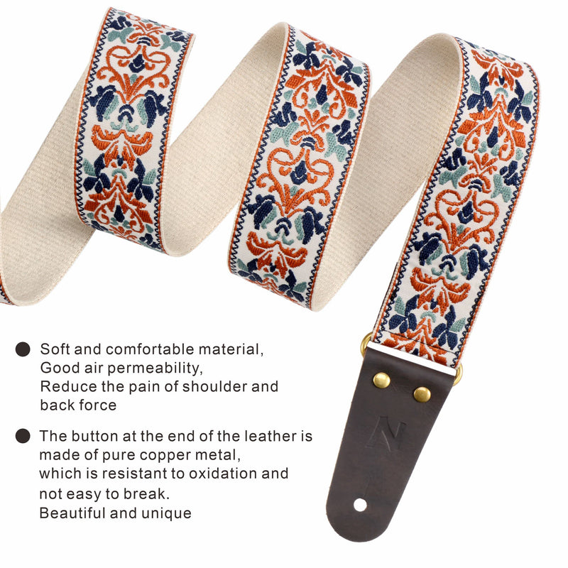 Nefelibata Guitar Strap, 2" Jacquard Embroidery Guitar Straps, Full Grain Leather Ends with Hidden Pocket, for Bass, Electric and Acoustic Guitars, Free Buckle, Strap Lock and Guitar Picks Golden Jacquard