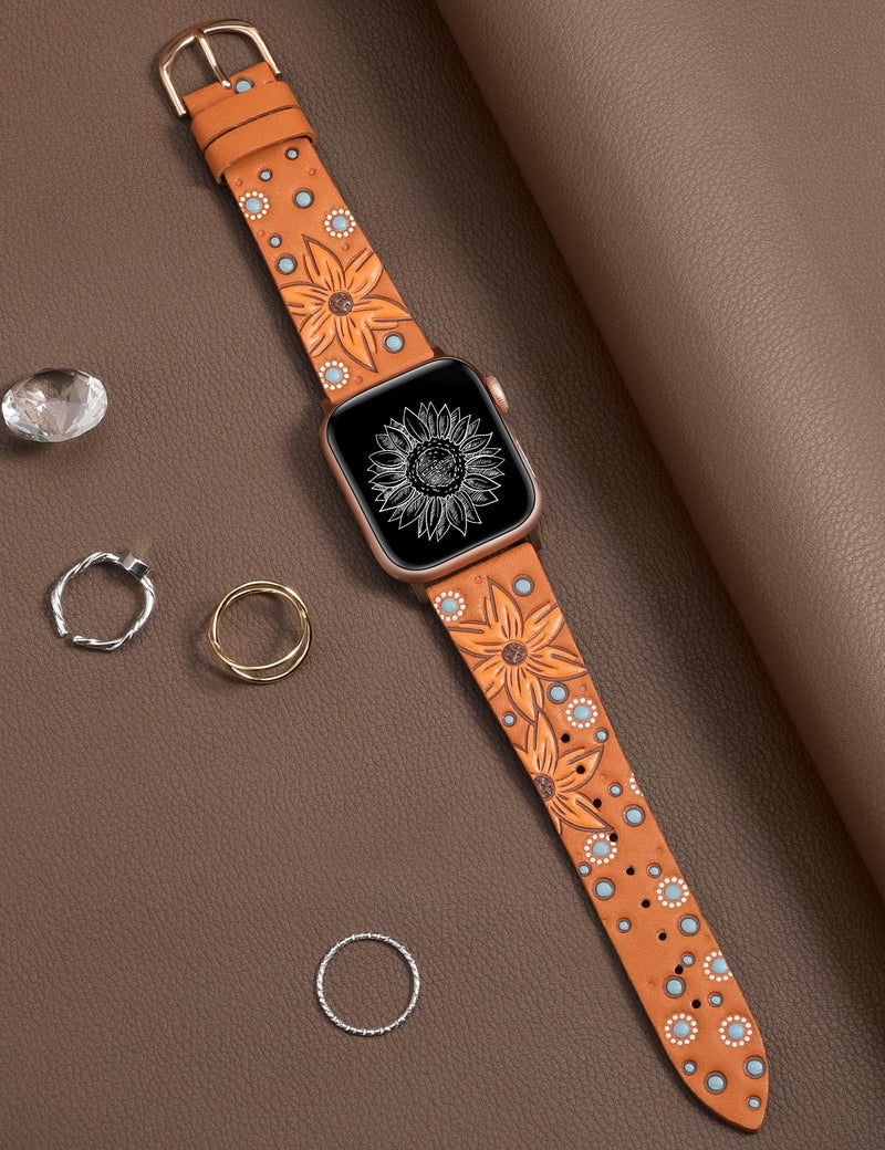 Minyee 2 Packs Band Compatible with Apple Watch Band Women 42/46/38/40/41/44/45/49mm, Premium Soft Leather Strap with Bling Dainty Flower Charm & Boho Western Embossed Sunflower Floral Premium Leather