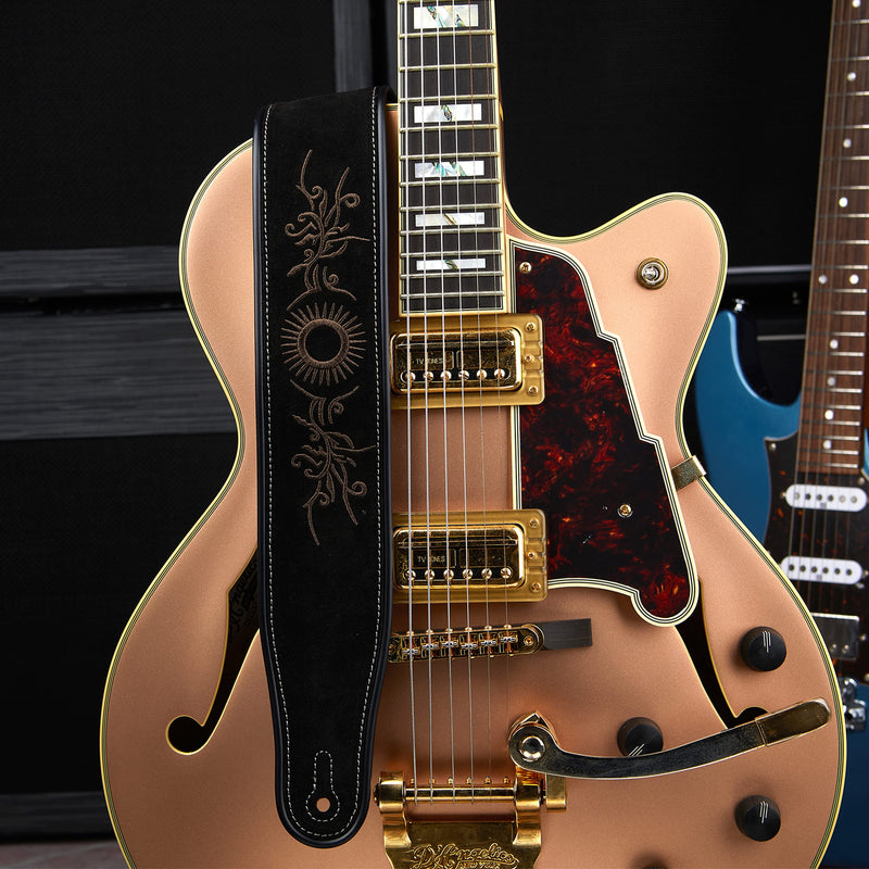 [AUSTRALIA] - Amumu Embroidered Suede Leather Guitar Strap for Acoustic, Electric and Bass Guitar - Black Sun-flower Embroidered 