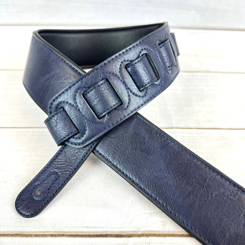 Walker & Williams G-52 Navy Blue Handmade Soft Natural Finish Guitar Strap with Padded Glove Leather Back, And Squared Nose For Acoustic, Electric, And Bass Guitars