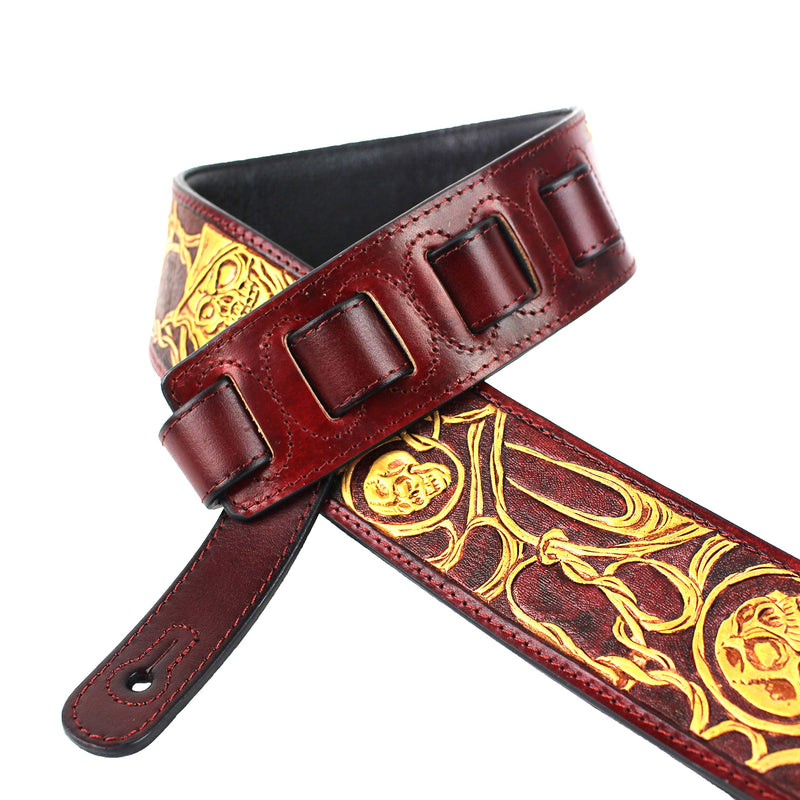 Walker And Williams LHR-45 Handmade Blood Red Premium Carving Leather Guitar Strap With Bright Gold Barbed Skull Carving And Padded Leather Back For Acoustic, Electric, And Bass Guitars