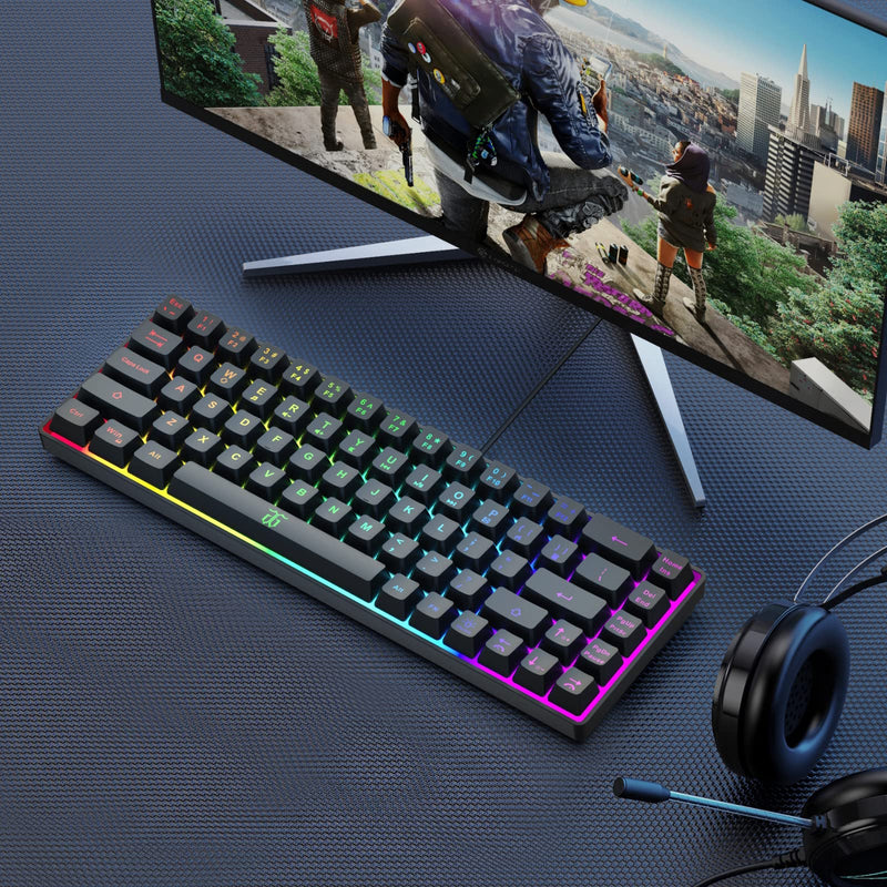 Snpurdiri 60% Gaming Keyboard, Rainbow Backlit Mini Keyboard,Built-in Steel Plate, Membrane Keyboard but Super Mechanical Feel for Windows PC Gamers(68 Keys, Black Rainbow) Black(Rainbow)