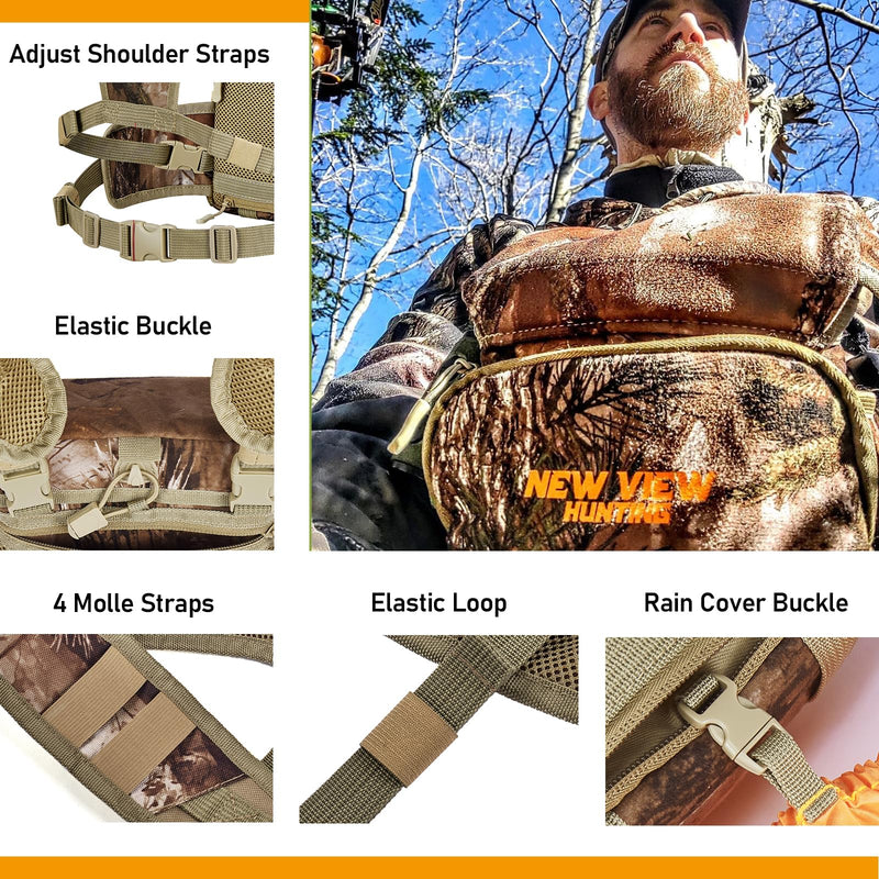 NEW VIEW Silent Binocular Harness Chest Pack, Hunting Bino Case with Dual MOLLE Straps, Binocular Harness with Detachable Chest Strap Rangefinder Pouch Rain Cover for Saddle Hunting Bird Watching Removable