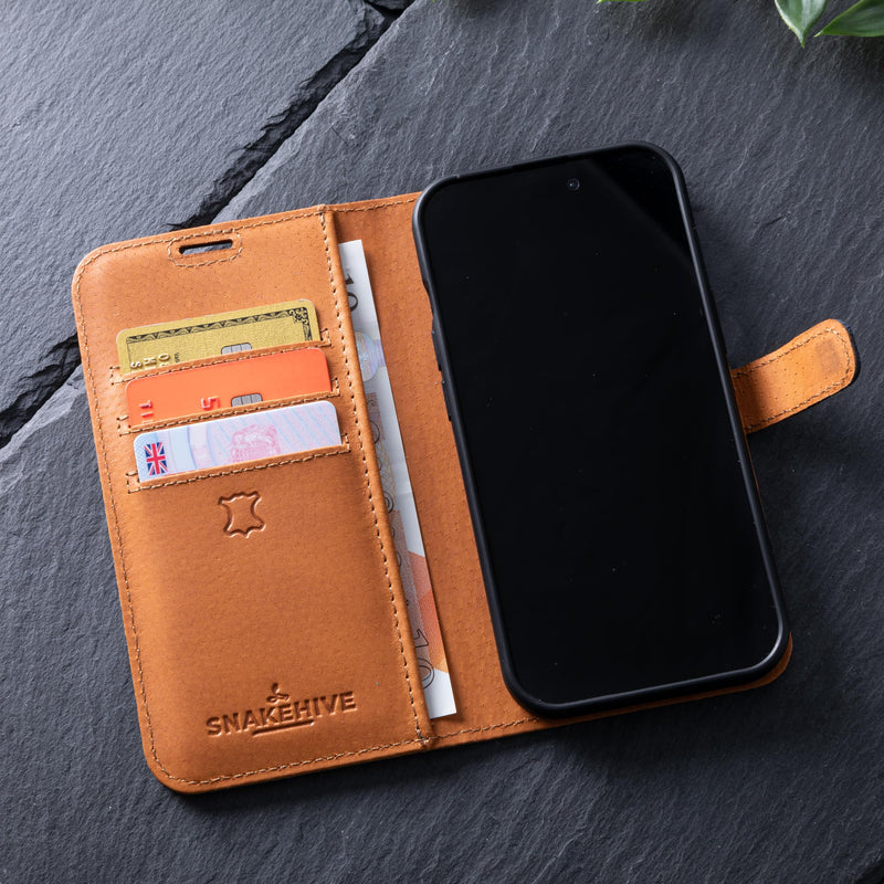 Snakehive Leather Wallet for iPhone 15 - Real Leather Wallet Phone Case - Genuine Leather with Viewing Stand and 3 Card Holder - Flip Folio Cover with Card Slot (Navy) Navy
