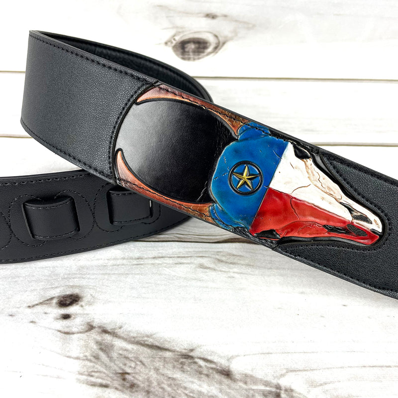 Walker & Williams CVG-19 Black Handmade Guitar Strap With Hand Tooled Red, White, And Blue Texas Star Longhorn Design On Premium Carving Leather For Acoustic, Electric, And Bass Guitars