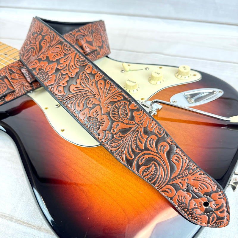 Walker & Williams G-973 Handmade Brown And Latigo Tan Western Embossed Guitar Strap with Soft Padded Back For Acoustic, Electric, And Bass Guitars