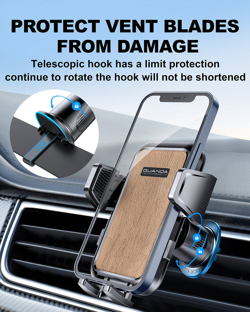 Air Vent Car Phone Holder, Adjustable Wide Clamp, Metal Hook, Anti-Shake | Universal phone cradle with one-hand release, 360° rotation and heat-resistant grip; holds heavy smartphones with cases. AC-Gold
