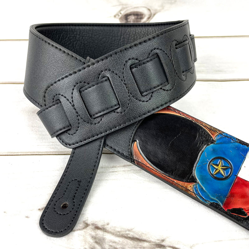 Walker & Williams CVG-19 Black Handmade Guitar Strap With Hand Tooled Red, White, And Blue Texas Star Longhorn Design On Premium Carving Leather For Acoustic, Electric, And Bass Guitars