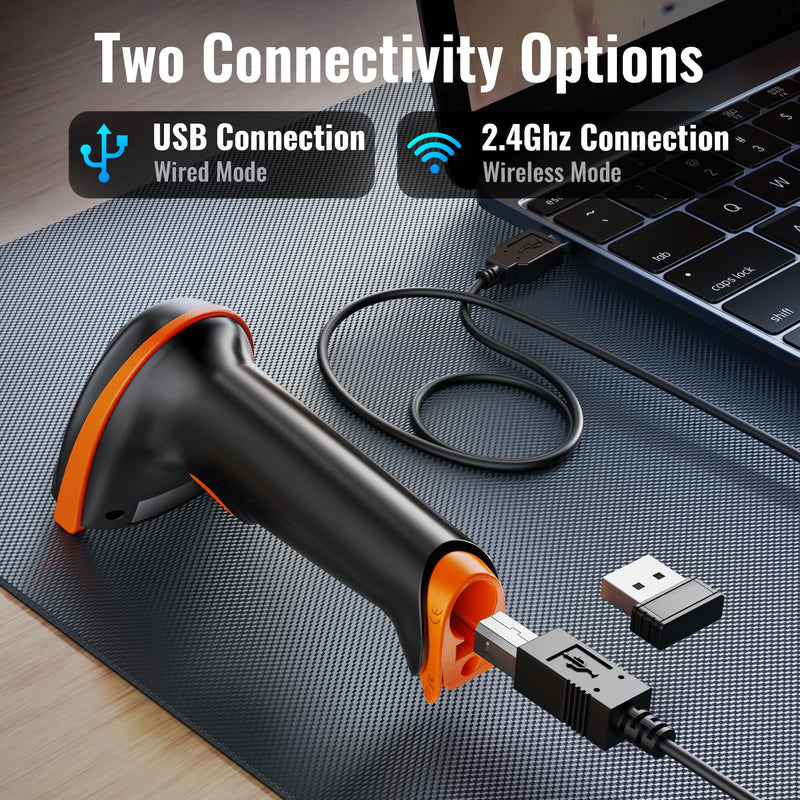 [AUSTRALIA] - Tera 1D 2D QR Barcode Scanner Wireless and Wired with Battery Level Indicator Digital Printed Bar Code Reader Cordless Handheld Barcode Scanner Compact Plug and Play Model D5100 2D Orange 
