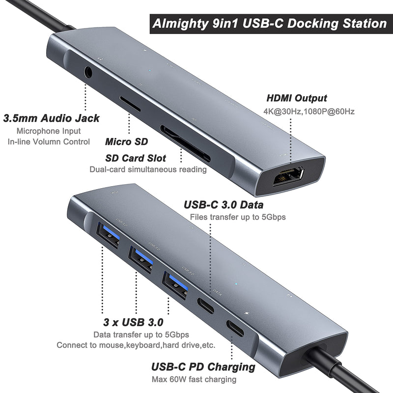 USB C Hub Multiport Adapter for iPad Pro MacBook Pro Air M1 2021-2018, 9-in-1 USB C 4K HDMI Adapter with 3.5mm Audio Jack,3xUSB3.0,SD/Micro SD Card Reader,60W USB C Charging,USB-C 3.0 Data