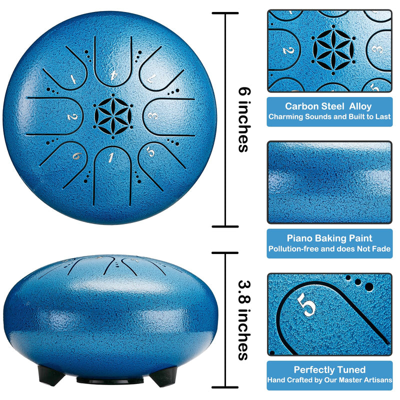 Steel Tongue Drum Percussion: 6 Inch 8 Notes Musical Instruments, Music Gifts for Family Friends (Seablue) Seablue