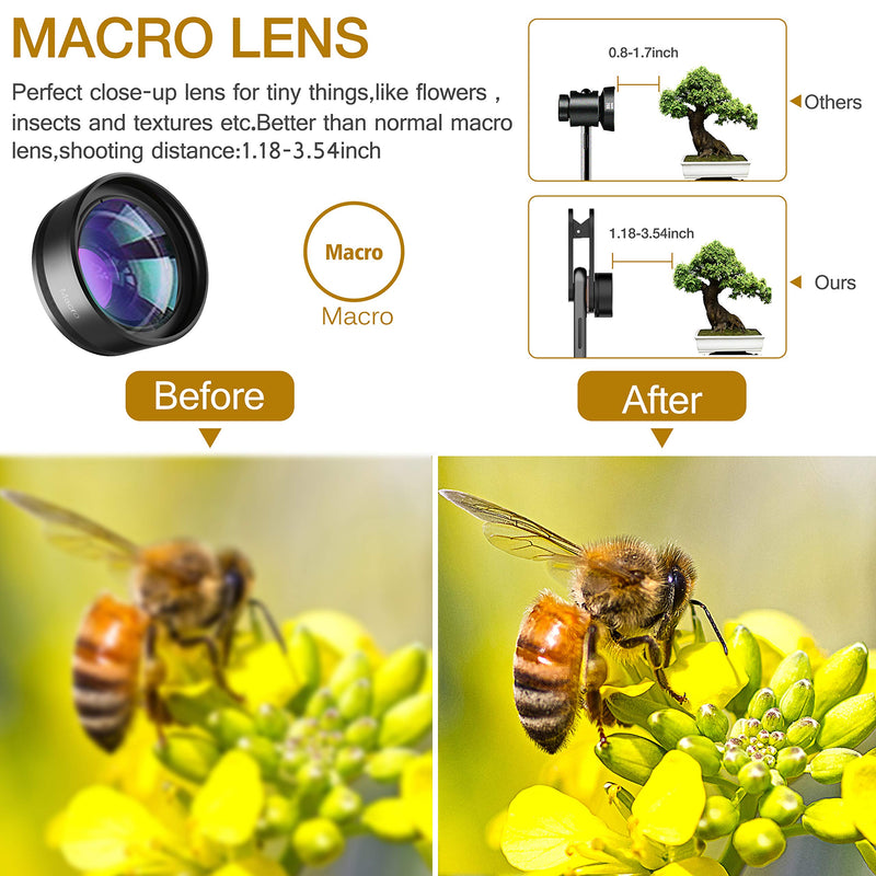 Upgraded 3 in 1 Phone Camera Lens kit-198° Fisheye Lens + Macro Lens + 120° Wide Angle Lens,Clip on Cell Phone Lens Kit Compatible with iPhone Samsung Android Smartphones