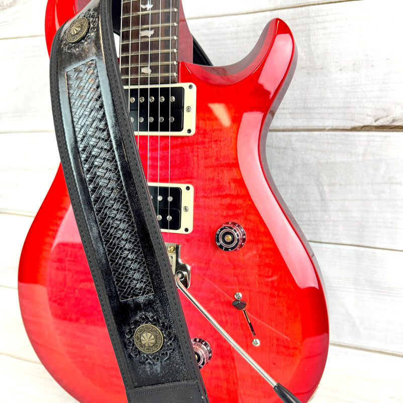 [AUSTRALIA] - Walker & Williams GE-102 Antique Black Padded Strap With Tooled Barcelona Weave And Brass Conchos 