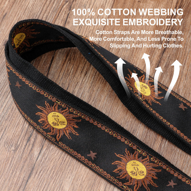 Nefelibata Banjo Strap, 2" Wide Double Full Grain Cowhide Guitar Strap Adjustable Replacement,Multi-pattern Guitar Strap With Headstock Rope and Leather Headband(Sun God Embroidery) Sun God Embroidery