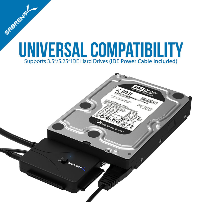 SABRENT USB 3.0 to SSD/SATA/IDE 2.5/3.5/5.25-INCH Hard Drive Converter with UL Power Supply & LED Activity Lights [10TB Support] (USB-DS12)