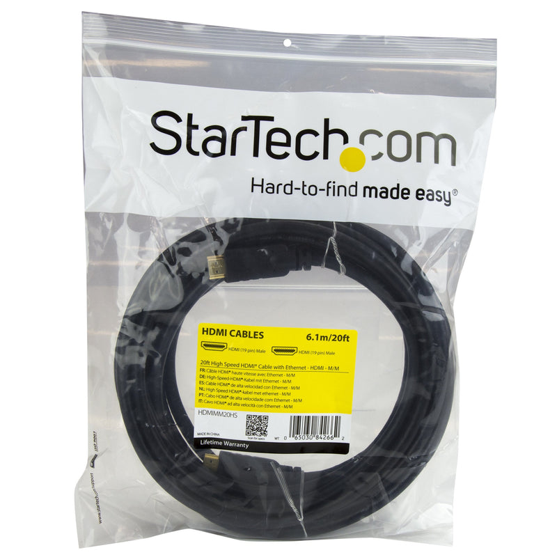 StarTech 20ft HDMI Cable, 4K 30Hz, Male to Male, Black (HDMIMM20HS) | 4K High Speed HDMI Cable with Ethernet, UHD HDMI Cord, HDMI 1.4 Video/Display Cable, 28AWG, HDCP 1.4, 10.2Gbps Bandwidth 20 ft Normal