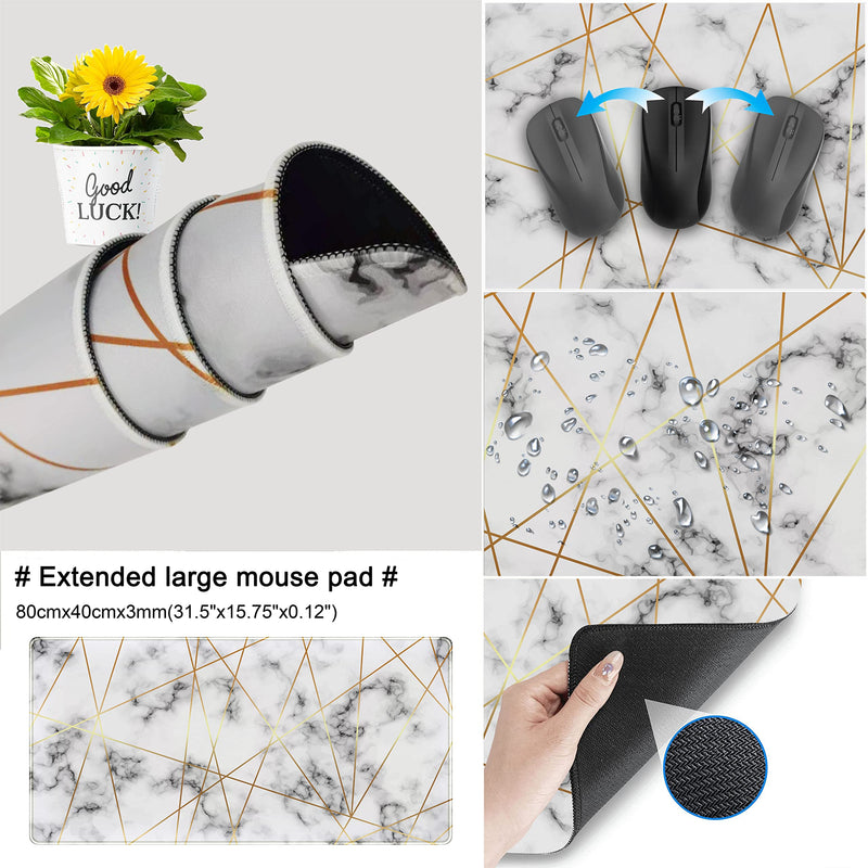 Grey Gold Line Marble Extended Gaming Mouse Pad XXL Desk Pad, Large Mousepad for Wireless Mouse (31.5x15.75 in), Big Keyboard Mouse Mat Non-Slip Rubber Base Mousepad with Stitched Edges E-Grey Gold Line Marble