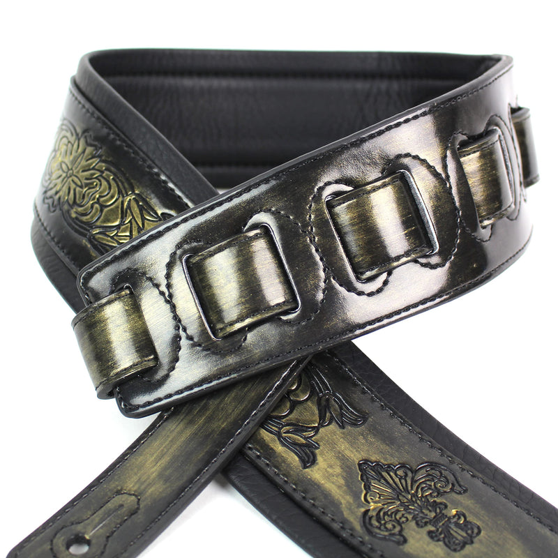 Walker and Williams GB-24 Brushed Gold Padded Guitar Strap with Fleur De Lis & French Chain Design for Acoustic, Electric, and Bass Guitars