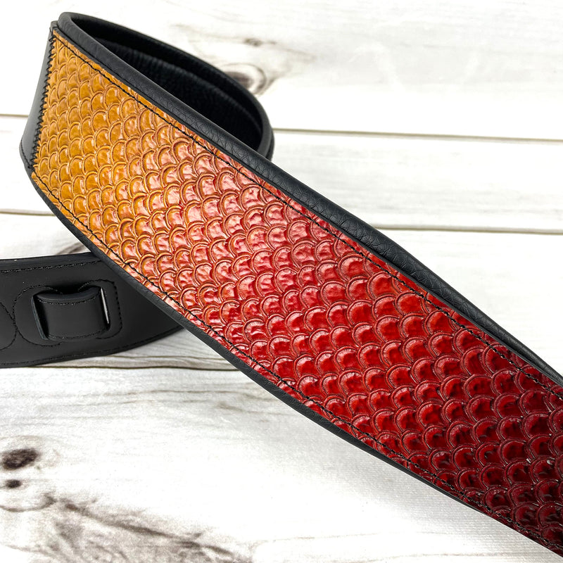 Walker And Williams KB-06 Premium Carved Fish Scale Guitar Strap In Painted Sunset Finish For Acoustic, Electric, And Bass Guitars