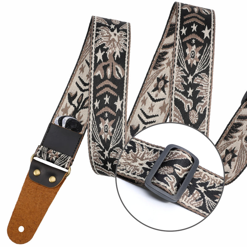Nefelibata Guitar Strap, 2" Embroidery Full Grain Leather Ends Guitar Straps with Hidden Pocket, for Bass, Electric and Acoustic Guitars, Strap Button, Strap Locks and Guitar Picks Mystery Totem-beige