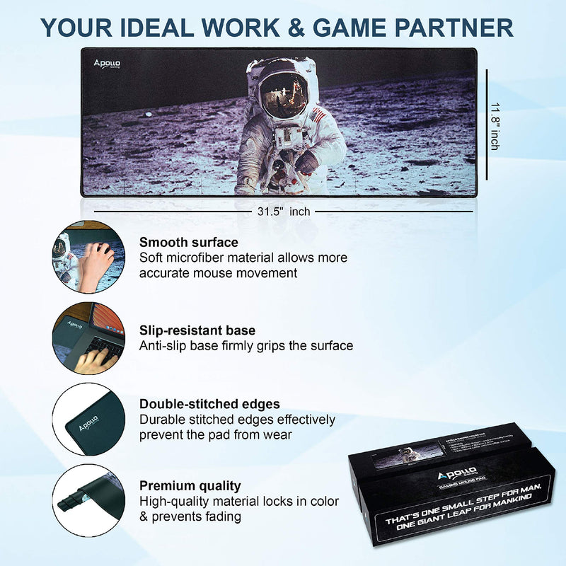 Apollo Gaming Extended Mouse Pad, Large NASA Astronaut Space Design Microfiber Mousepad, (31.5×11.8), Large XXL Extended Desk Mat. Long Computer Keyboard Mouse Mat Mousepad for Office/Gaming/Home
