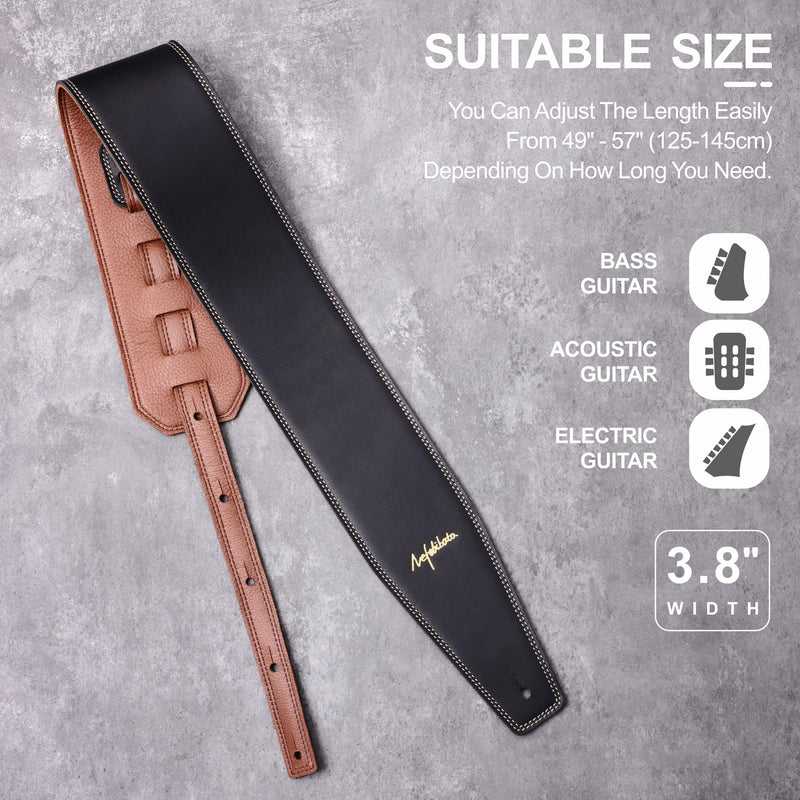Nefelibata Guitar Strap Black, Soft Full Grain Leather, 3.8" Wide, Adjustable Length 49" to 57" with Foam Padding for Bass, Electric, and Acoustic Guitars
