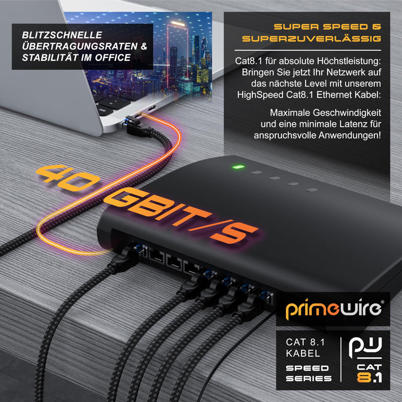 CSL CAT8.1 Network Cable 40 Gbits - 2 m - Cotton Jacket - Black Series - LAN Patch Cable RJ45 - CAT8 Gigabit Ethernet Cable - 40000 Mbits - S/FTP PIMF Shielding - Compatible with CAT6 CAT7 2,0m A: Round
