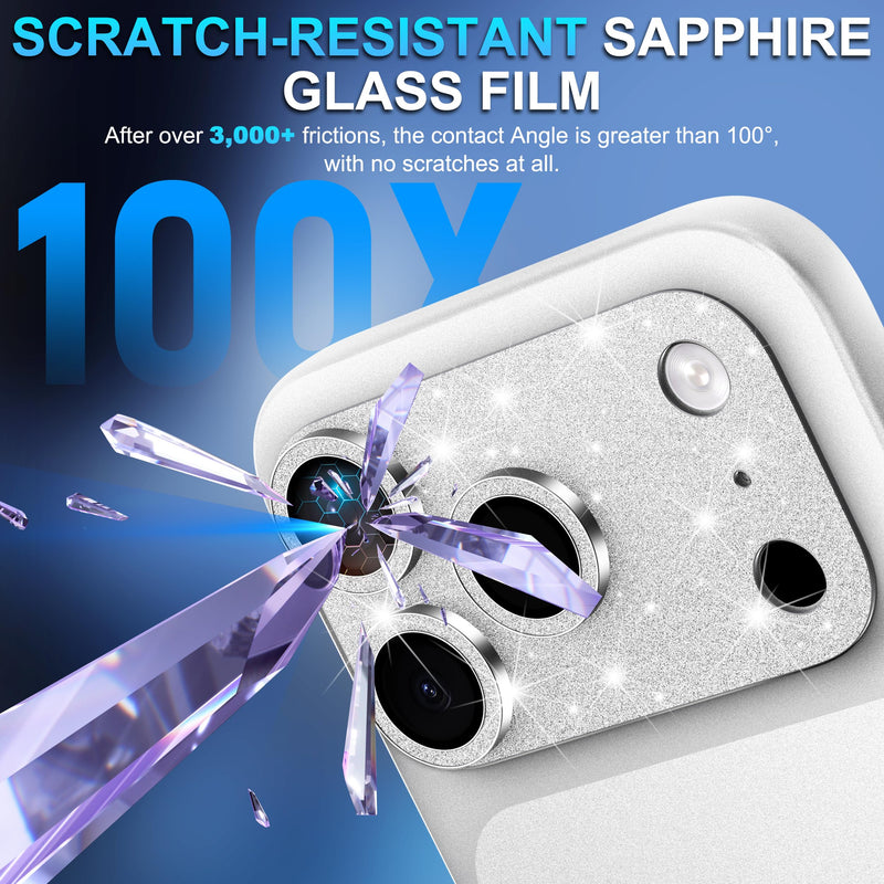 [AUSTRALIA] - Suoman for iPhone 17 Pro Camera Lens Protector, [All-in-one] [Strong-Adhesion] Bling Glitter Independent Metal Frame Tempered Glass Camera Lens Cover -Silver Sliver 