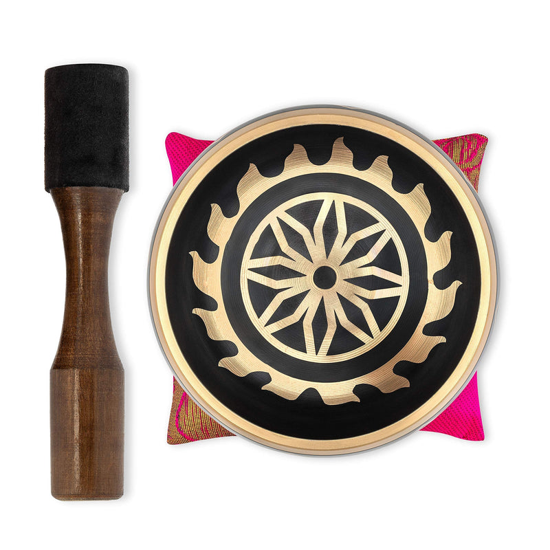 BimBamBom Singing Bowls – Hand Crafted Tibetan Singing Bowl w/Mallet & Cushion, Meditation Bowl For Yoga and Holistic Healing, Stress Relief, Brass 4” Auspicious Symbol Deep Sound Prayer Bowl Pink