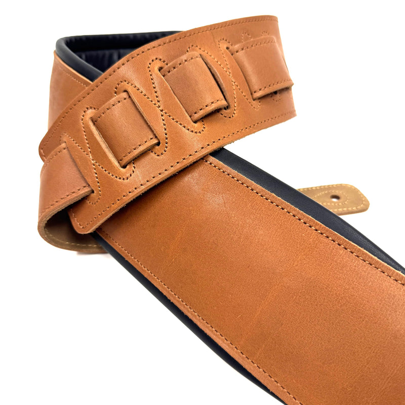 Walker & Williams B4B-LBRN Rustic Whiskey Tan Finish 4" Wide Double Padded Premium Brown Heirloom Grain Leather Guitar And Bass Strap For Acoustic, Electric, And Bass Guitars