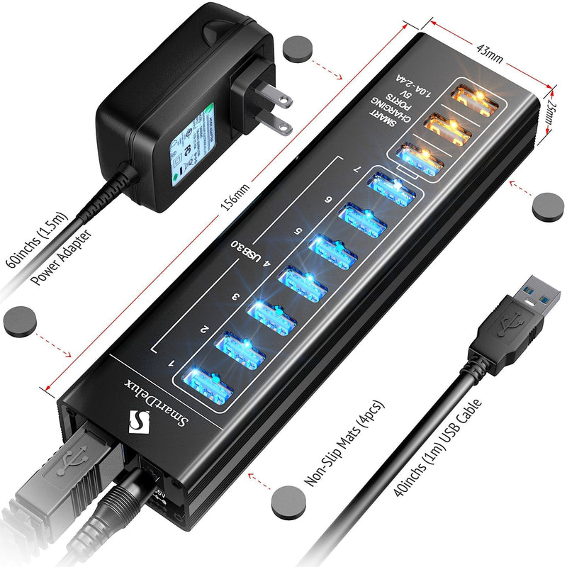 SmartDelux Powered USB Hub - 10-Port USB 3.0 Hub with 7 USB 3.0 Ports, 3 Smart Charging Ports, Power Adapter, Long Cord, LEDs - Black Aluminum 10-port USB Hub
