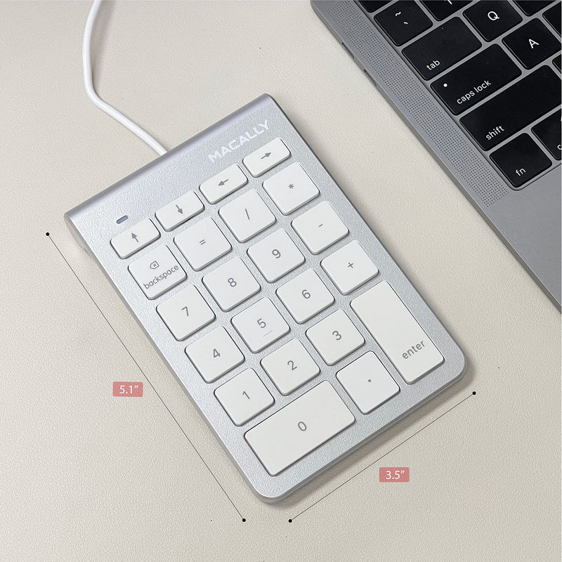 Macally Wired USB C Number Pad Keyboard - Type C Numeric Keypad for Laptop, Apple Mac iMac MacBook Pro/Air, Windows PC, or Desktop Computer - 10 Key USB Keypad Numpad with 5 Foot Cable - Silver