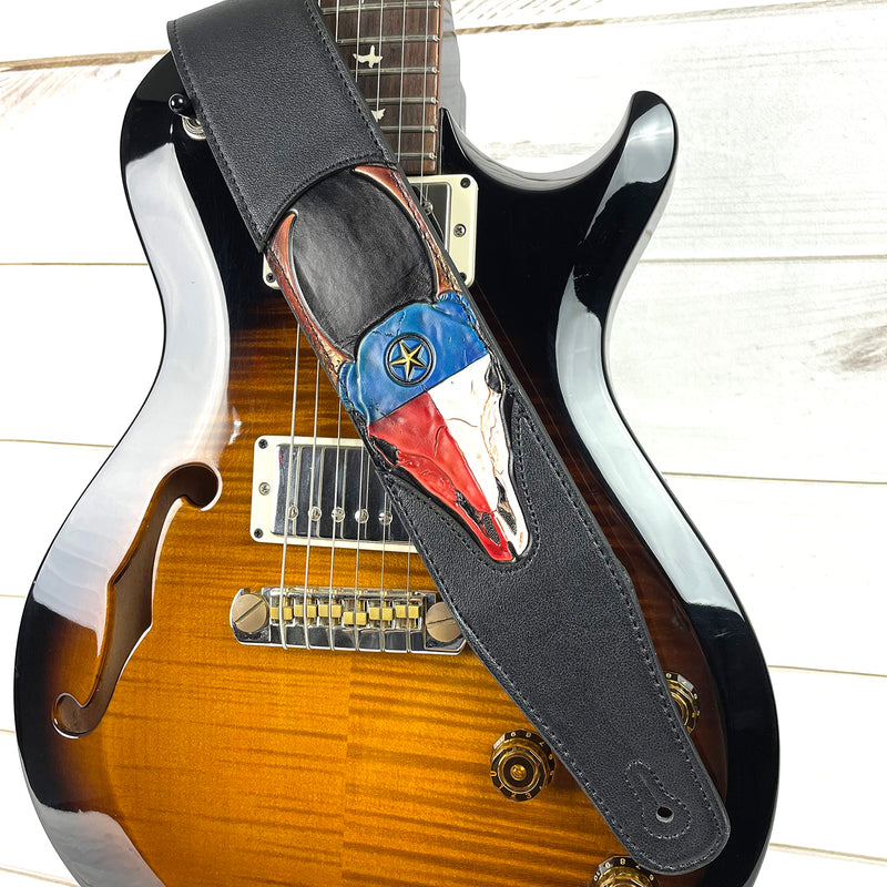 Walker & Williams CVG-19 Black Handmade Guitar Strap With Hand Tooled Red, White, And Blue Texas Star Longhorn Design On Premium Carving Leather For Acoustic, Electric, And Bass Guitars