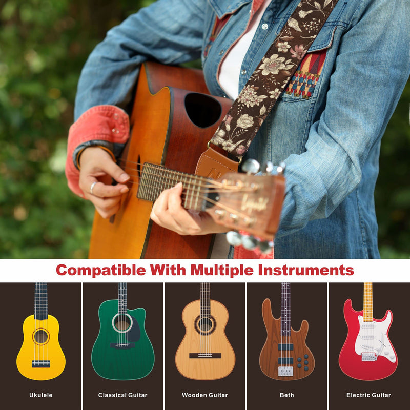Nefelibata Cotton Guitar Strap for Acoustic Guitar, Ukulele, Headstock Strap Adapter, Guitar Picks and Strap Locks Adjustable from 38" to 64" E# - Pomegranate Flower