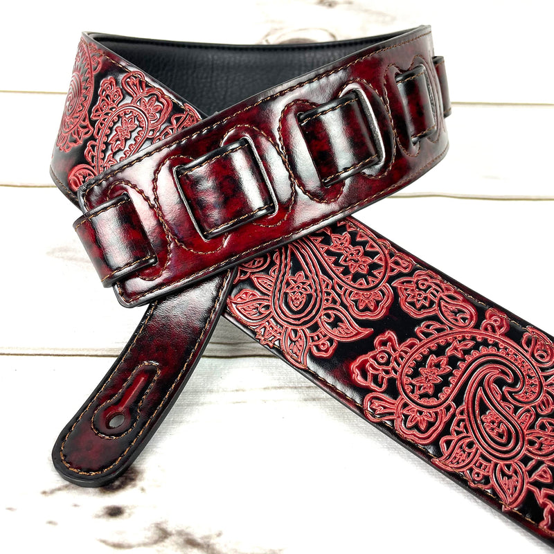 Walker & Williams GB-30 Handmade Fire Wine Red Padded Leather Guitar Strap with Vintage Paisley Pattern For Acoustic, Electric, And Bass Guitars
