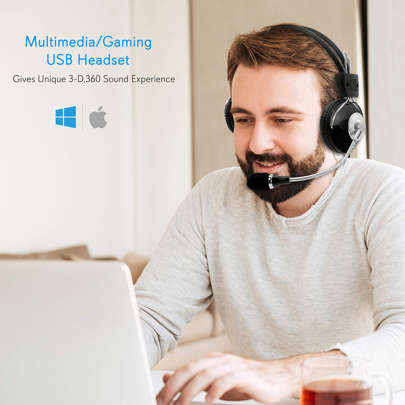 Multimedia Gaming USB Mic Headset - Over Ear Professional Wired Headphone w/ Noise Cancelling Mic, 3D 360 Stereo Surround Sound - PC Gaming Console - Game, Skype Chat, Call Center - Pyle Home PHPMCU10