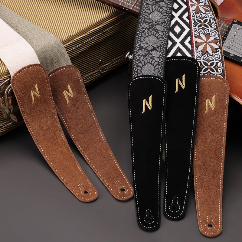 Nefelibata Guitar Strap, with Extended Soft Brown Suede Leather Ends for Bass Acoustic Electric Guitar, Free with Lock and Head Strap Yellow Flowers