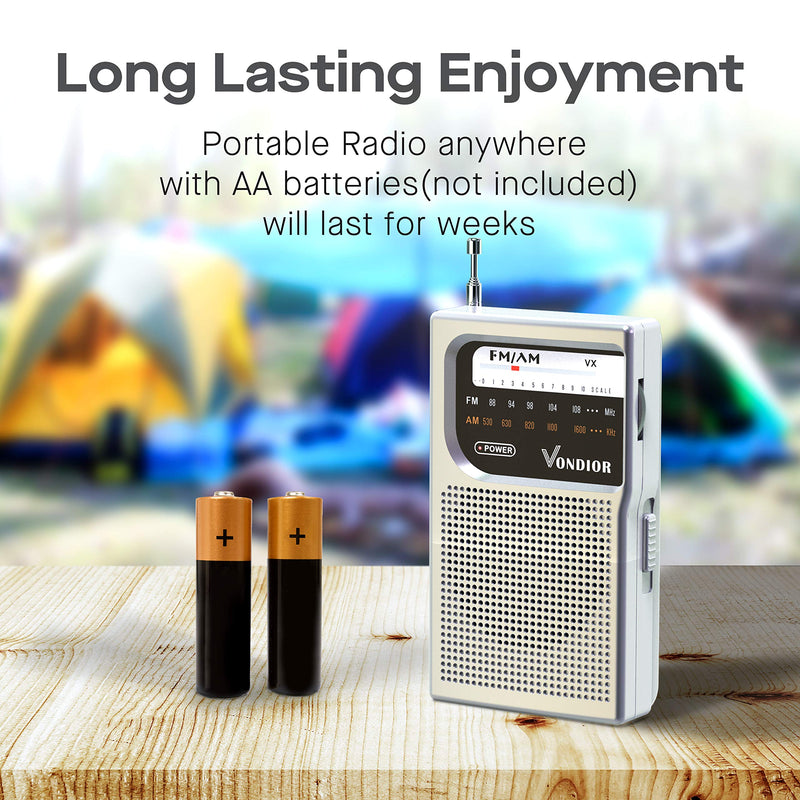 AM FM Battery Operated Portable Pocket Radio - Best Reception and Longest Lasting. AM FM Compact Transistor Radios Player Operated by 2 AA Battery, Mono Headphone Socket, by Vondior (Silver) Silver