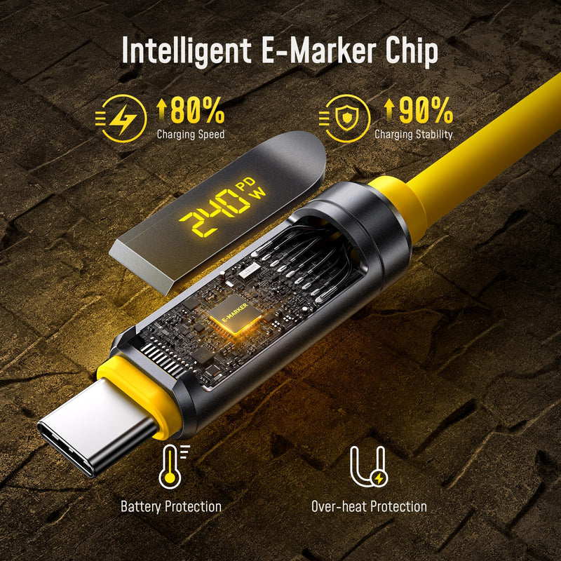 AOHI USB4 2.0 Cable with LED Digital Display 3.3ft, 240W PD3.1 Fast Charging, 80Gbps Data Transfer, Dual 8K Display, The Adonis USB C Cable for MacBook Pro/iPhone 17 Pro Max/Galaxy/SSD/Docking,Yellow 3.3 Feet