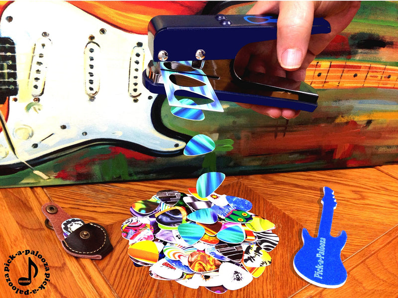 Pick-a-Palooza DIY Guitar Pick Punch - The Premium Guitar Pick Maker and a Leather Key Chain Pick Holder - Gift Pack - Blue