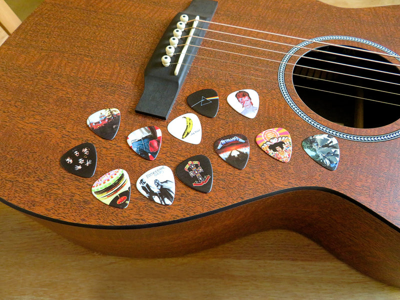 [AUSTRALIA] - 12 x Classic Albums Guitar Pick Set. Guitar Plectrums For Every Guitarist. Double Sided Printing. Picks Sized 0.46, 0.71, 0.81, 0.88, 0.96 And 1.2 mm Included (Set 1) 