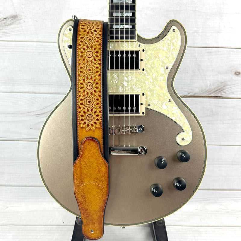 Walker & Williams GB-34 Latigo Tan Padded Leather Strap with Zodiac Star Pattern For Acoustic, Electric, And Bass Guitars