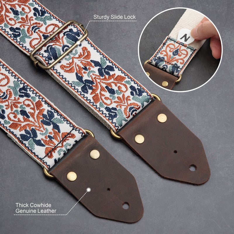 Nefelibata Guitar Strap,Jacquard Embroidery Cotton Guitar Straps with Crazy Horse Leather Ends for Bass, Electric & Acoustic, Best Gifts for Kids, Guitarists(Golden Jacquard) Retro Golden Jacquard