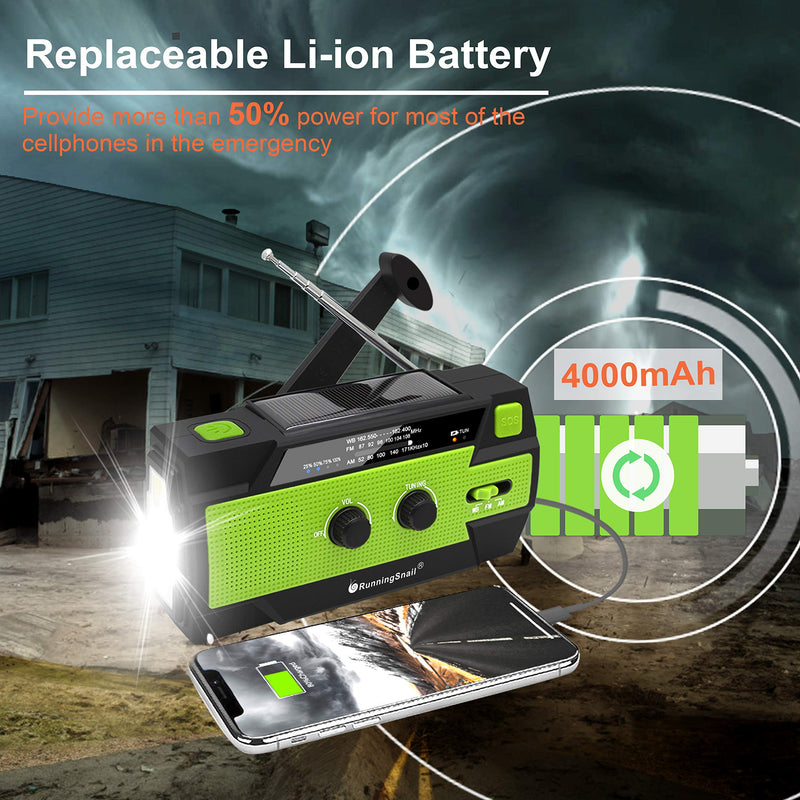 【2021 Newest】RunningSnail Emergency Crank Radio，4000mAh-Solar Hand Crank Portable AM/FM/NOAA Weather Radio with 1W Flashlight&Motion Sensor Reading Lamp，Cell Phone Charger, SOS for Home and Emergency Green