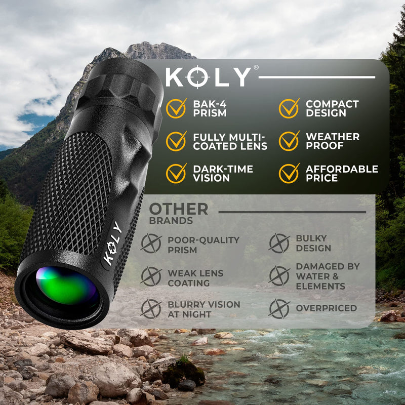 [AUSTRALIA] - Koly BAK-4 Prism 10X25 Monocular Telescope, Compact Weather Resistant Scope with Snake Skin Grip, Designed for Bird Watching, Hiking, Hunting, Archery, and More, 10X Magnification, Black 
