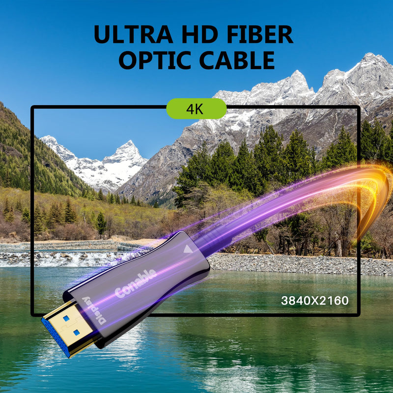 4K HDMI Cable 100 FT, High Speed Fiber Optic HDMI Cable, Unidirectional 18Gbps, Ultra HD, Supports 4K@60Hz, 4:4:4 RGB, HDCP 2.2, 3D ARC, HDR10, Dolby Vision, Zinc Alloy Shell, Slim Cable, OD : 4.8mm 100FT
