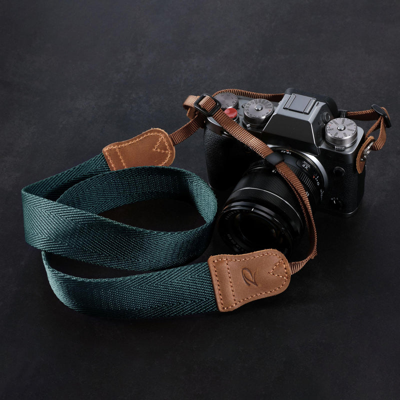 Padwa Lifestyle Dark Blue Green Camera Strap -Double Layer Crazy Horse Cowhide End,1.5" Wide Pure Cotton Woven Camera Straps,Adjustable Neck Shoulder Strap for All DSLR Cameras,Gift for Photographers A# - Dark Blue Green