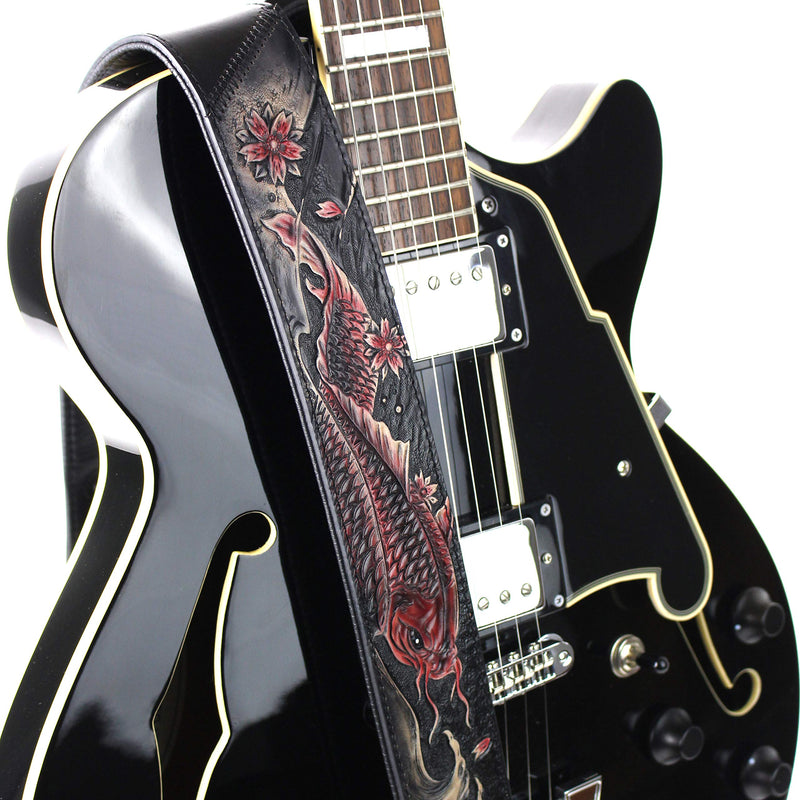 [AUSTRALIA] - Walker And Williams KB-24 Black & Ruby Red 2" Premium Carved Grain Leather Guitar Strap With Koi Fish Design For Acoustic, Electric, And Bass Guitars 